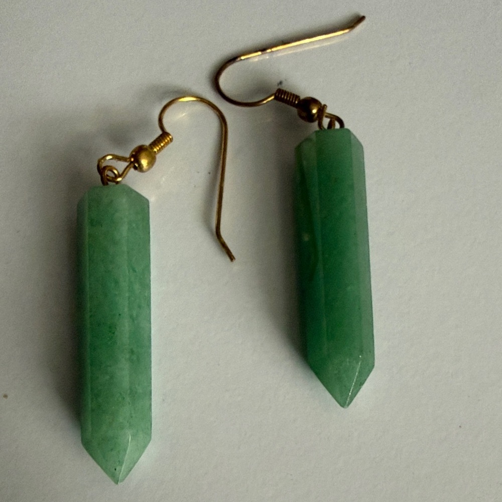 Natural Green Aventurine Crystal Hexagonal Prism Dangle Earrings